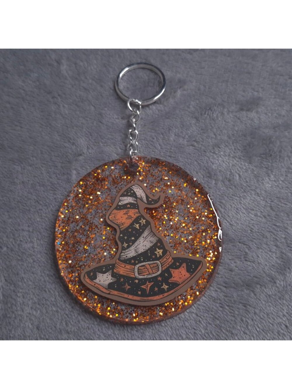 Witch Hat Glitter Resin Keychain Halloween Charm Handmade Gift 2.75 In Diameter